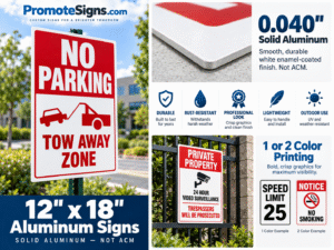 Custom 12 x 18 solid aluminum signs showing no parking, tow away zone, and private property signs, 0.040-inch aluminum construction, and printing options.