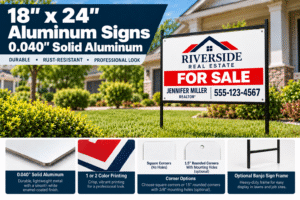 Custom 18 x 24 solid aluminum real estate sign displayed in a metal yard frame, featuring 0.040-inch aluminum, printing options, and mounting details.