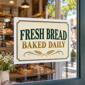 11 x 14 poly-coated bakery poster sign with a half-inch white border displayed in a storefront window