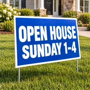 22 x 28 poly-coated OPEN HOUSE fold-over sign on a U-shaped wire holder in a residential lawn