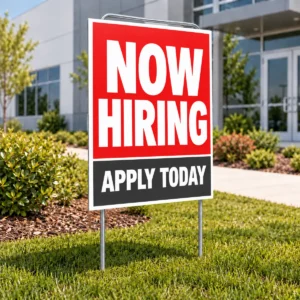 28 x 44 NOW HIRING poly-coated fold-over yard sign with a white border on a jumbo U-shaped frame