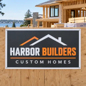 28 x 44 HARBOR BUILDERS poly-coated construction job site sign mounted on a plywood fence