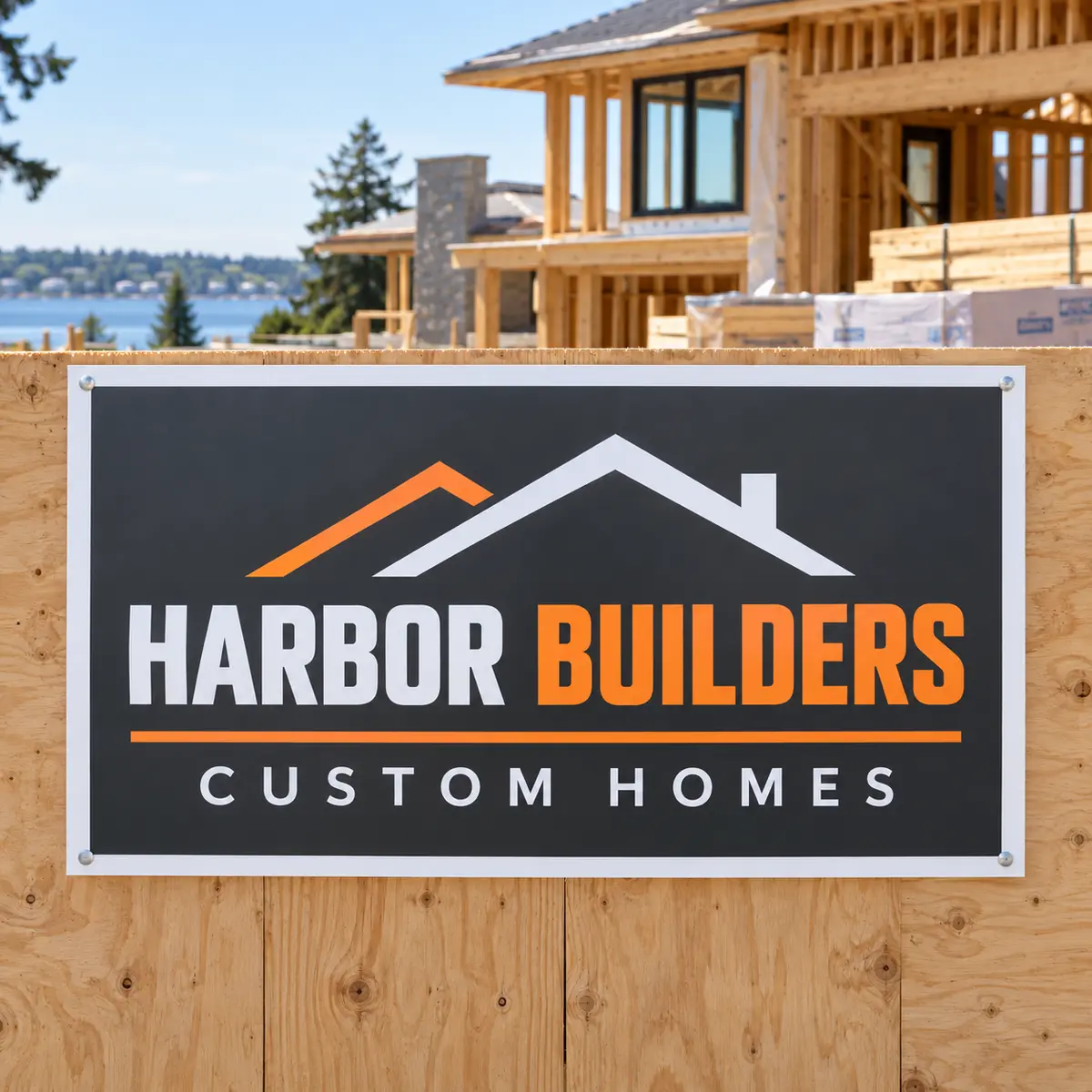 28 x 44 HARBOR BUILDERS poly-coated construction job site sign mounted on a plywood fence