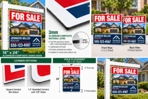 Custom 18 x 24 aluminum composite real estate signs showing 3mm ACM construction, full-color printing, mounting options, and H-frame display
