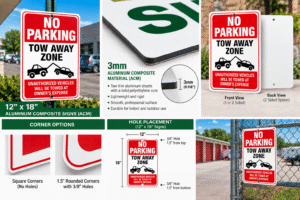 Custom 12 x 18 aluminum composite no parking and tow away signs showing 3mm ACM construction, rounded corners, mounting holes, and outdoor installation.
